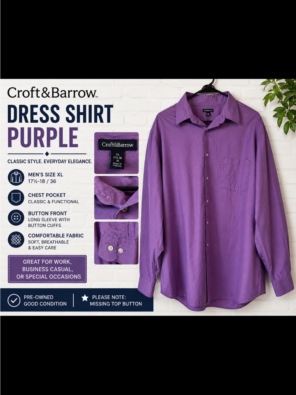 Croft & Barrow Purple Long-Sleeve Dress Shirt - Men's XL
